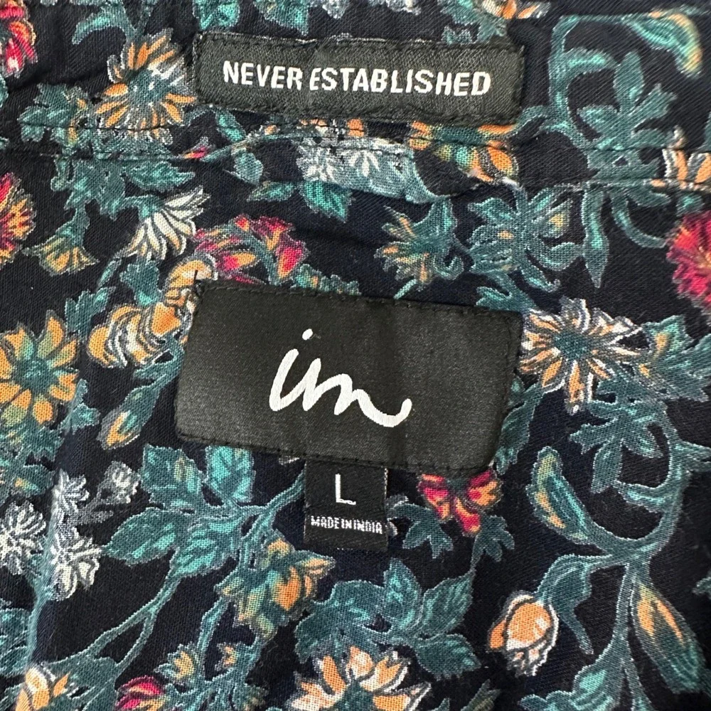 Never Established Floral Button Down‎ Shirt Mens Large Navy Rayon Short Sleeve